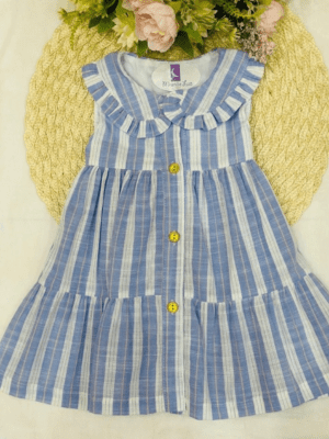 Vestido Infantil Azul Listrado com Babado na Gola