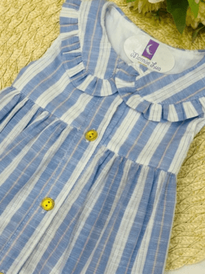 Vestido Infantil Azul Listrado com Babado na Gola