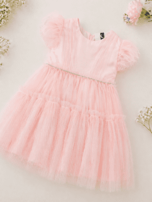 Vestido Infantil Rosa em Tule com Strass